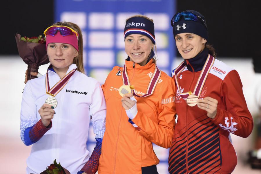 Natalya Voronina (RUS) Esmee Visser (NED) Martina Sáblíková (CZE) 2018 ©International Skating Union (ISU)