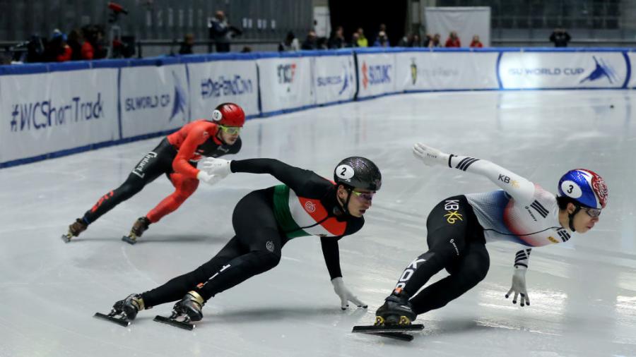 Hwang Dae Heon (KOR) Shaolin Sandor Liu (HUN) Cedrik Blais (CAN) WCSTSS ITA 2019©International Skating Union (ISU 1128527627