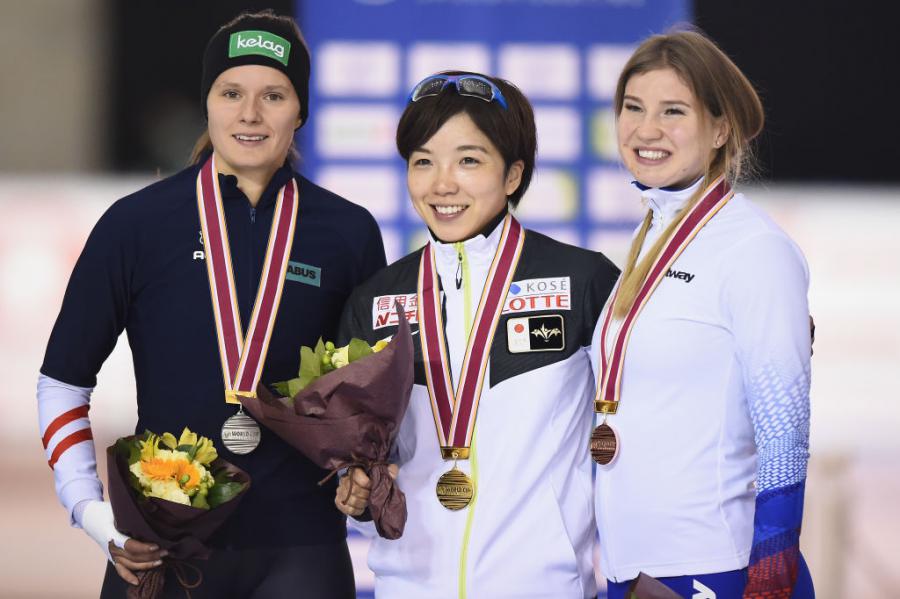 Vanessa Herzog (AUT), Nao Kodaira (JPN) and Olga Fatkulina (RUS) 2018 ©International Skating Union (ISU)