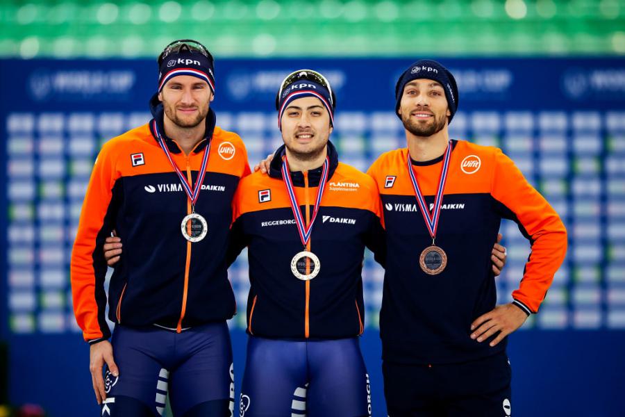 Thomas Krol, Kai Verbij and Kjeld Nuis (NED) WSDSSC 2019©ISU 1126957162 (1)