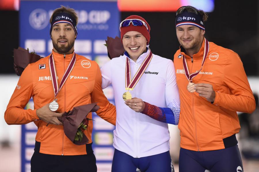 Kjeld Nuis (NED) Pavel Kulizhnikov (RUS) Thomas Krol (NED) 2018©International Skating Union (ISU)