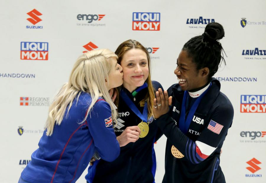 Elise Christie (GBR) Martina Valcepina (ITA) Maame Biney (USA) WCSTSS ITA 2019©International Skating Union (ISU) 1128735515